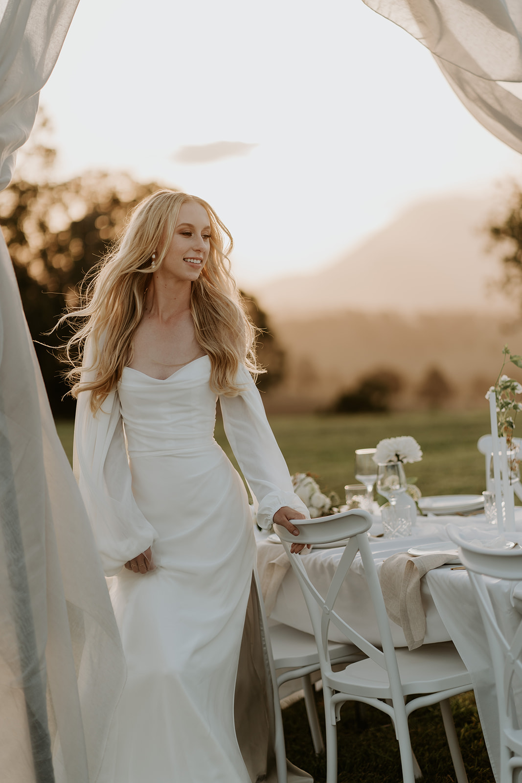 A bride seeing the reception styling at Maroon Hill Estate